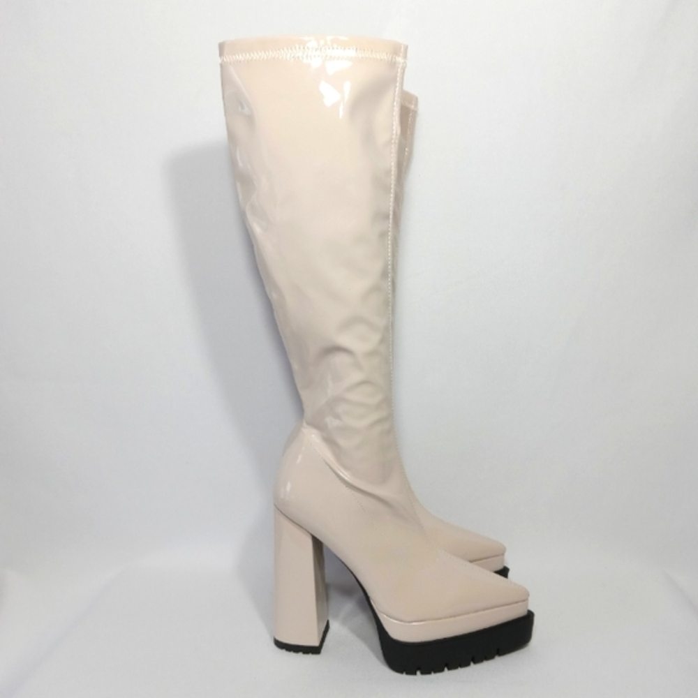 VIVIANLY Cream Off White Pointed Toe Knee High Boots Womens Size 8